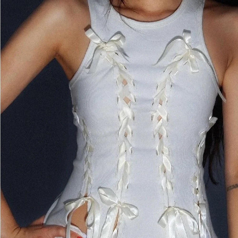 White Lace-Up Ribbon Tank Top